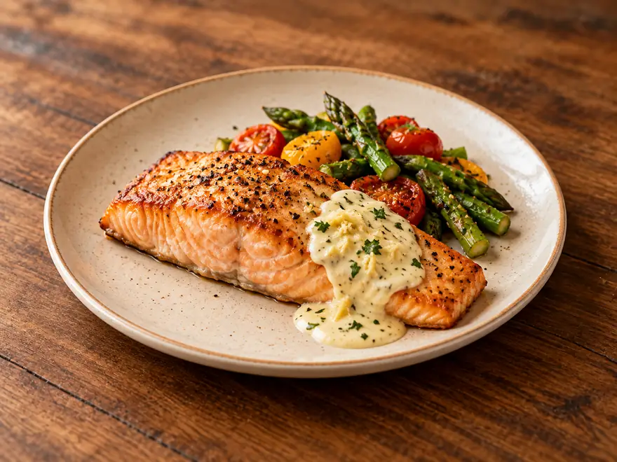 Salmon with Ginger Aioli on a plate
