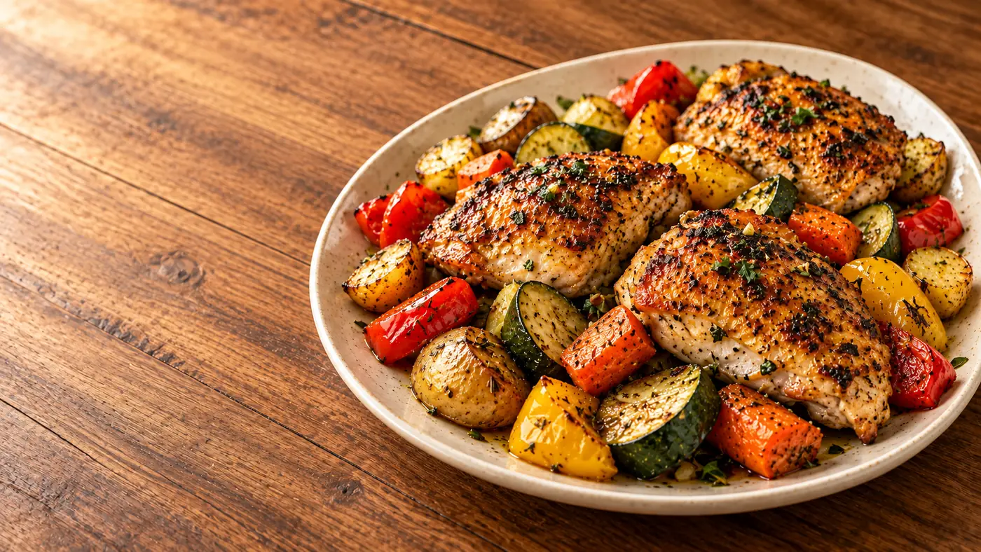 Roast chicken with peppers, potatoes and zucchini on a platter